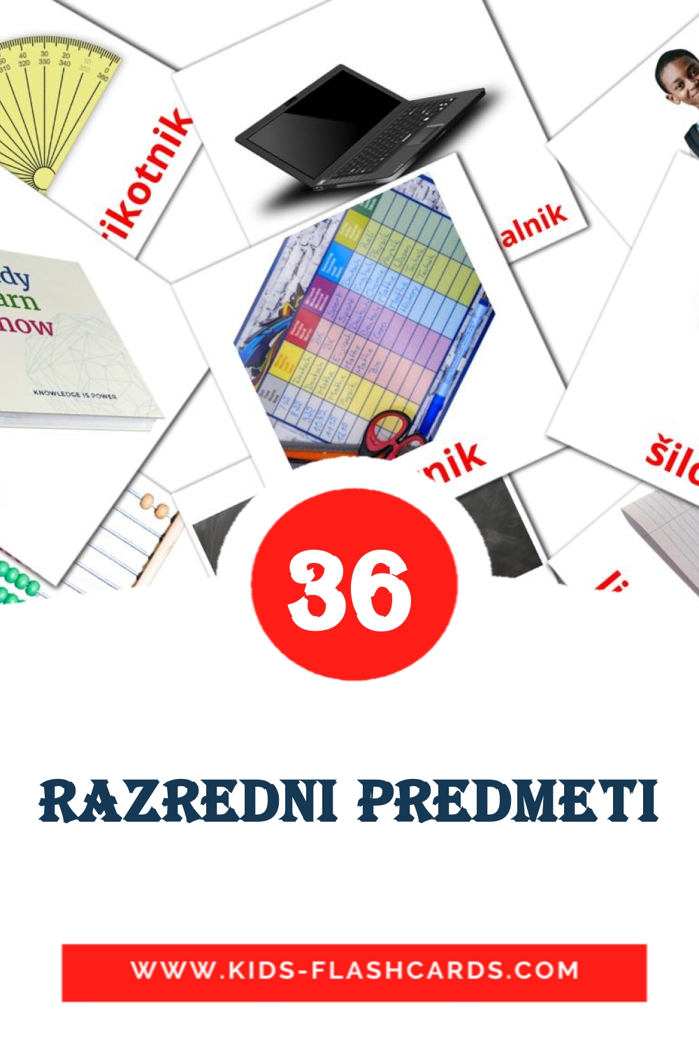 36 cartes illustrées de Razredni predmeti pour la maternelle en slovène