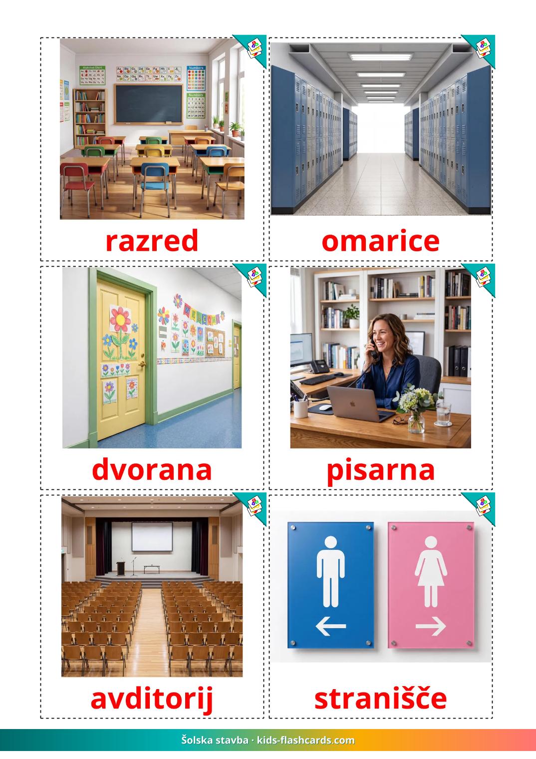 Edificio scolastico - 18 flashcards sloveno stampabili gratuitamente