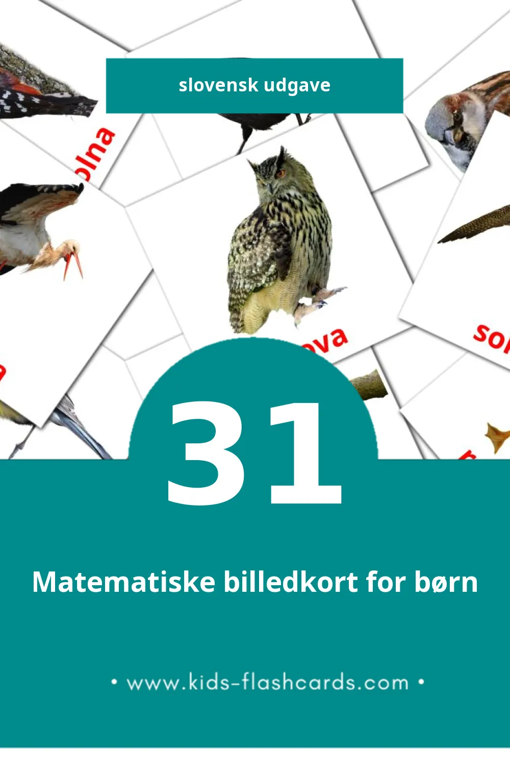 Visuelle billedkort for børn om Ptice til småbørn (31 kort på Slovensk)