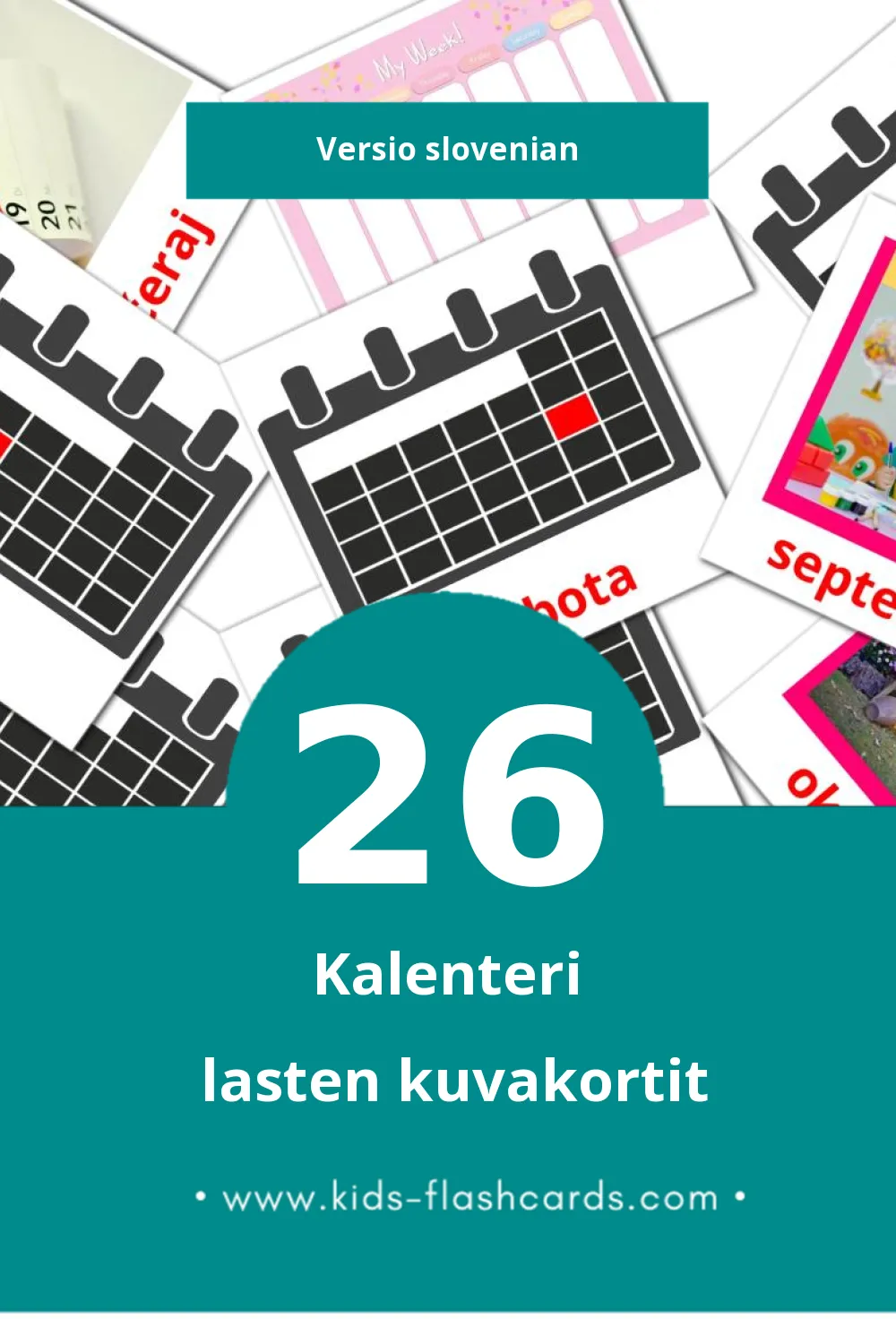 Koledar  lasten kuvakortit pikkulapsille (26 korttia Slovenianksi)