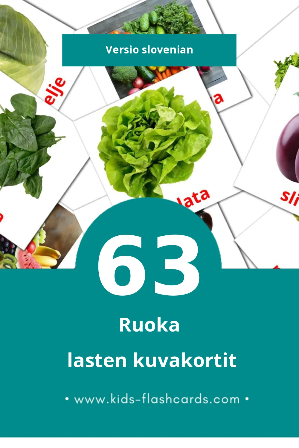 Hrana lasten kuvakortit pikkulapsille (63 korttia Slovenianksi)
