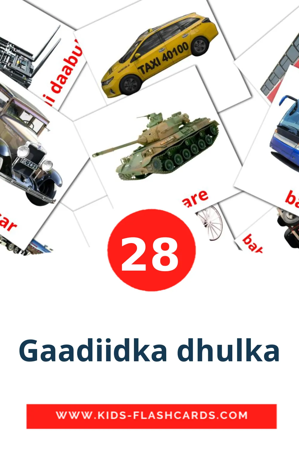 28 bildkort med Gaadiidka dhulka för barnträdgården på somali