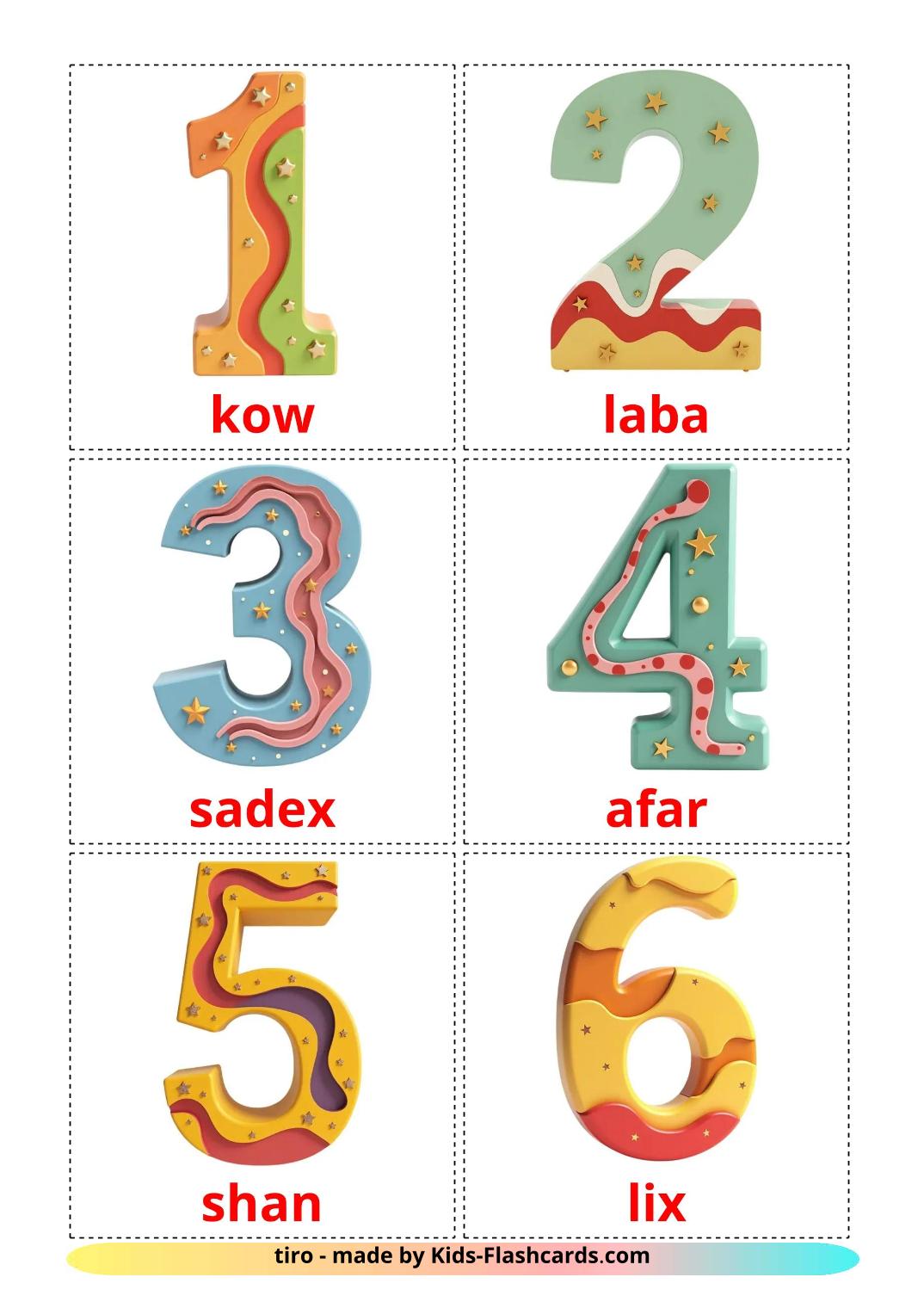 Zahlen (1-20) - 20 kostenlose, druckbare somalí Flashcards 