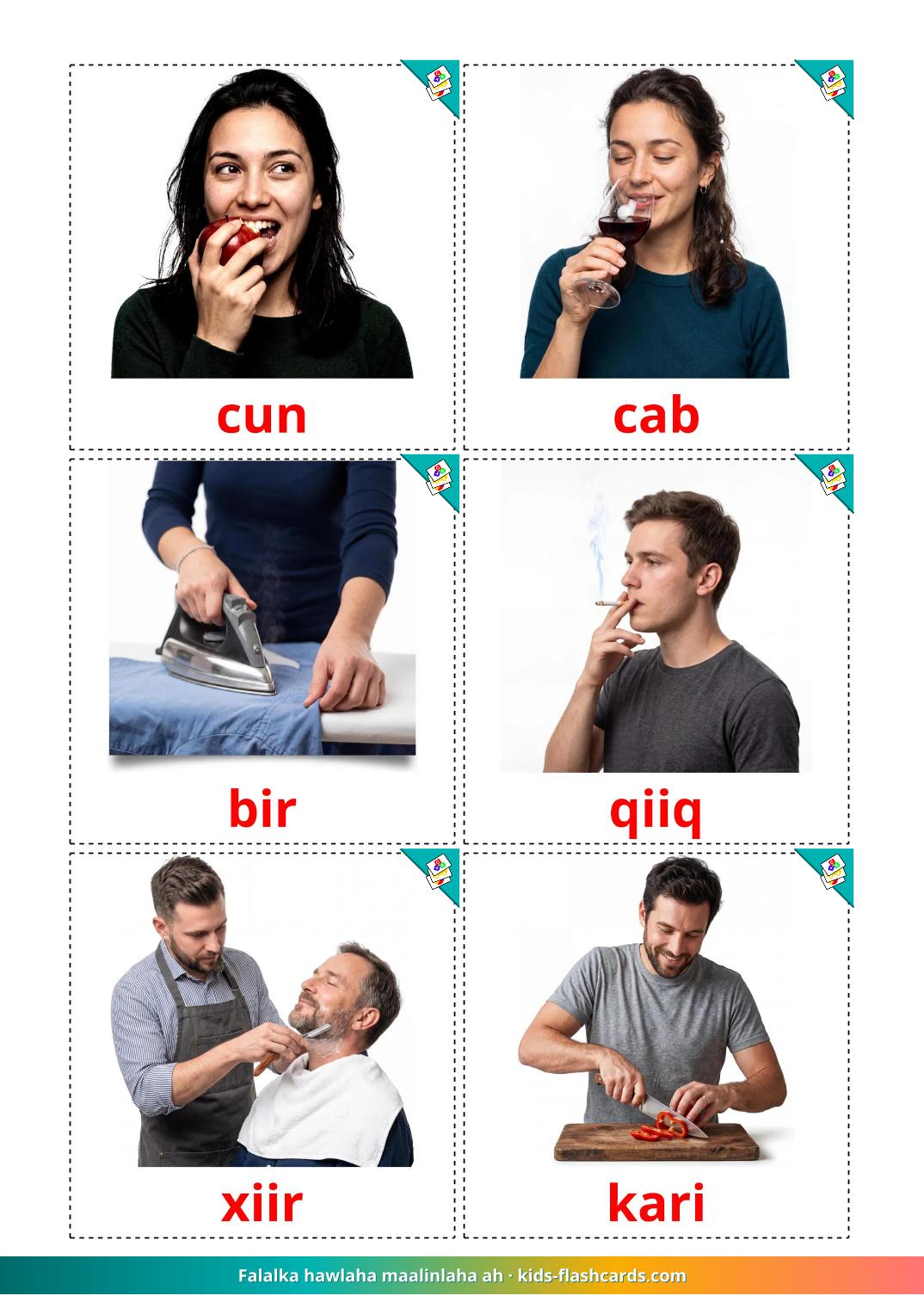 Alltagsaktivitäten - 34 kostenlose, druckbare somalische Bildkarten 