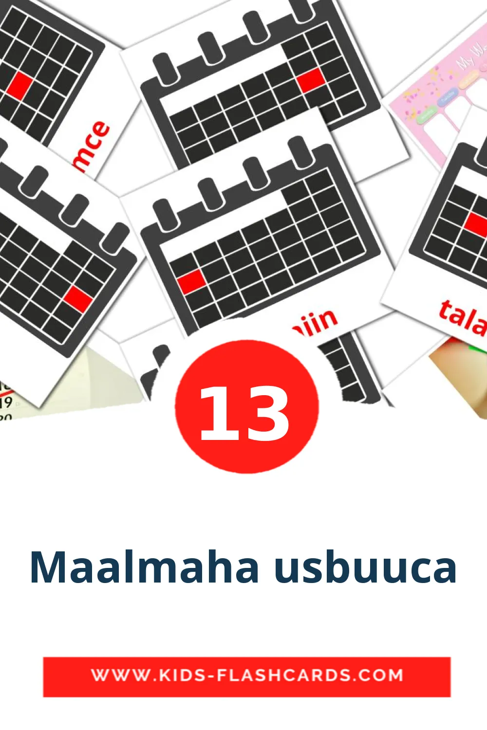 13 bildkort med Maalmaha usbuuca för barnträdgården på somali