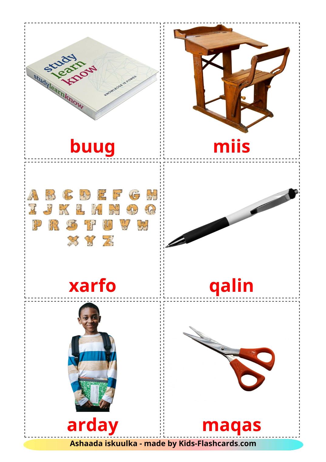 Classroom objects - 36 Free Printable somali Flashcards 