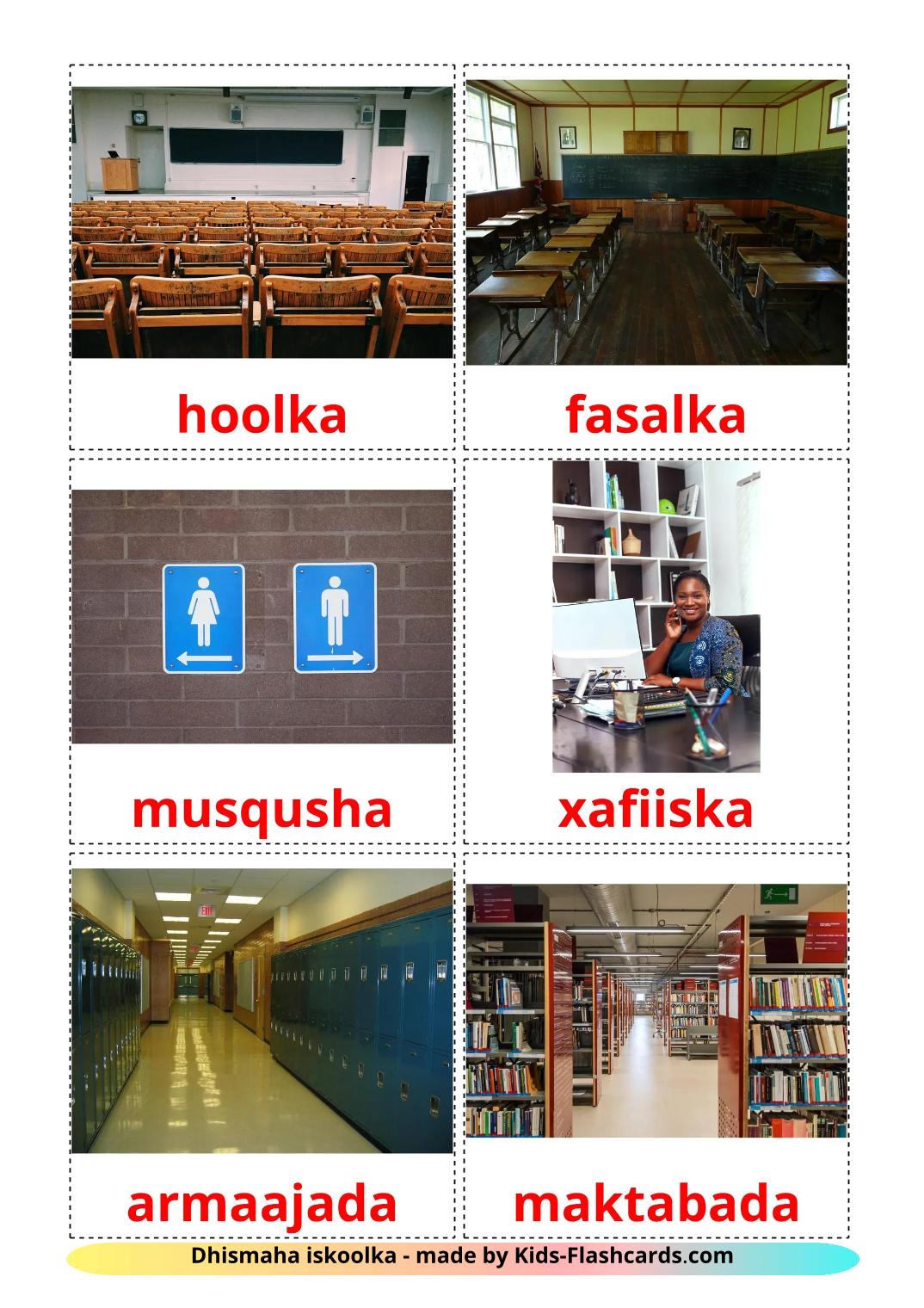 Koulurakennus – 18 ilmainen tulostettava lasten kuvakortti somalinksi