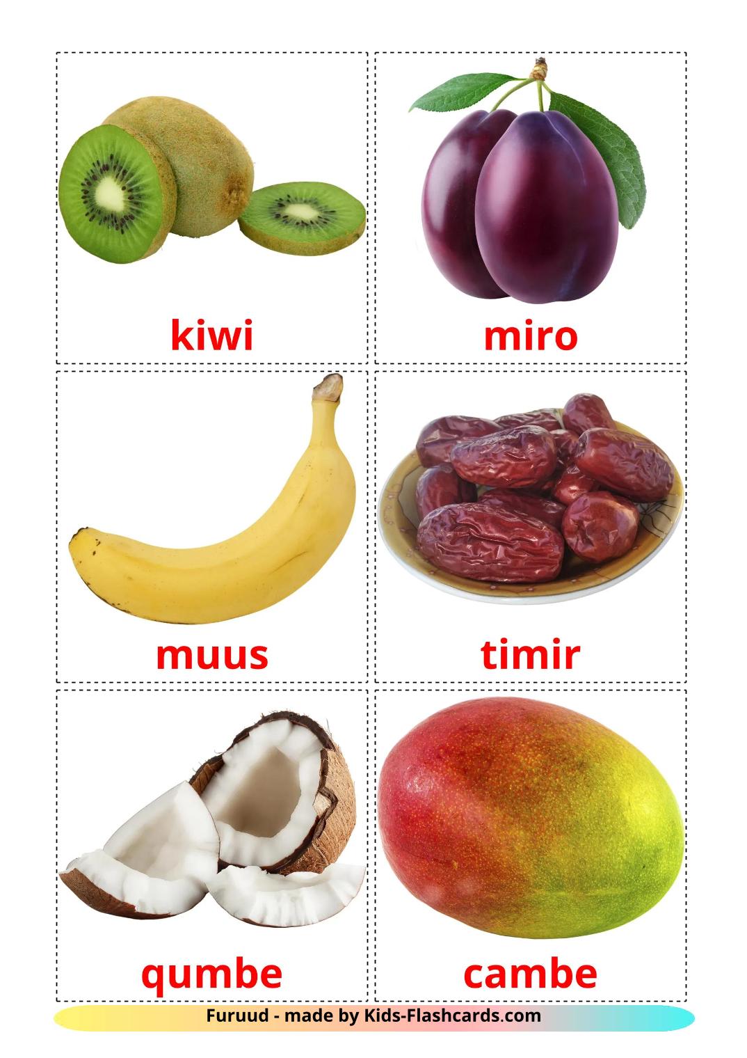 Hedelmät – 21 ilmainen tulostettava lasten kuvakortti somalinksi