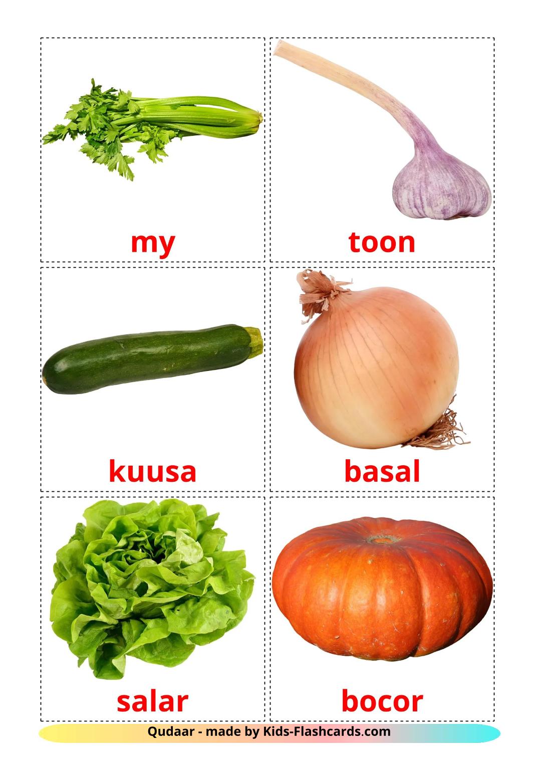 Grønnsaker - 30 gratis utskrivbare bildekort på somali