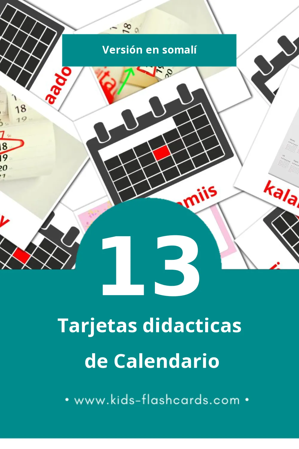 Tarjetas visuales de Kalandarka para niños pequeños (13 tarjetas en Somalí)