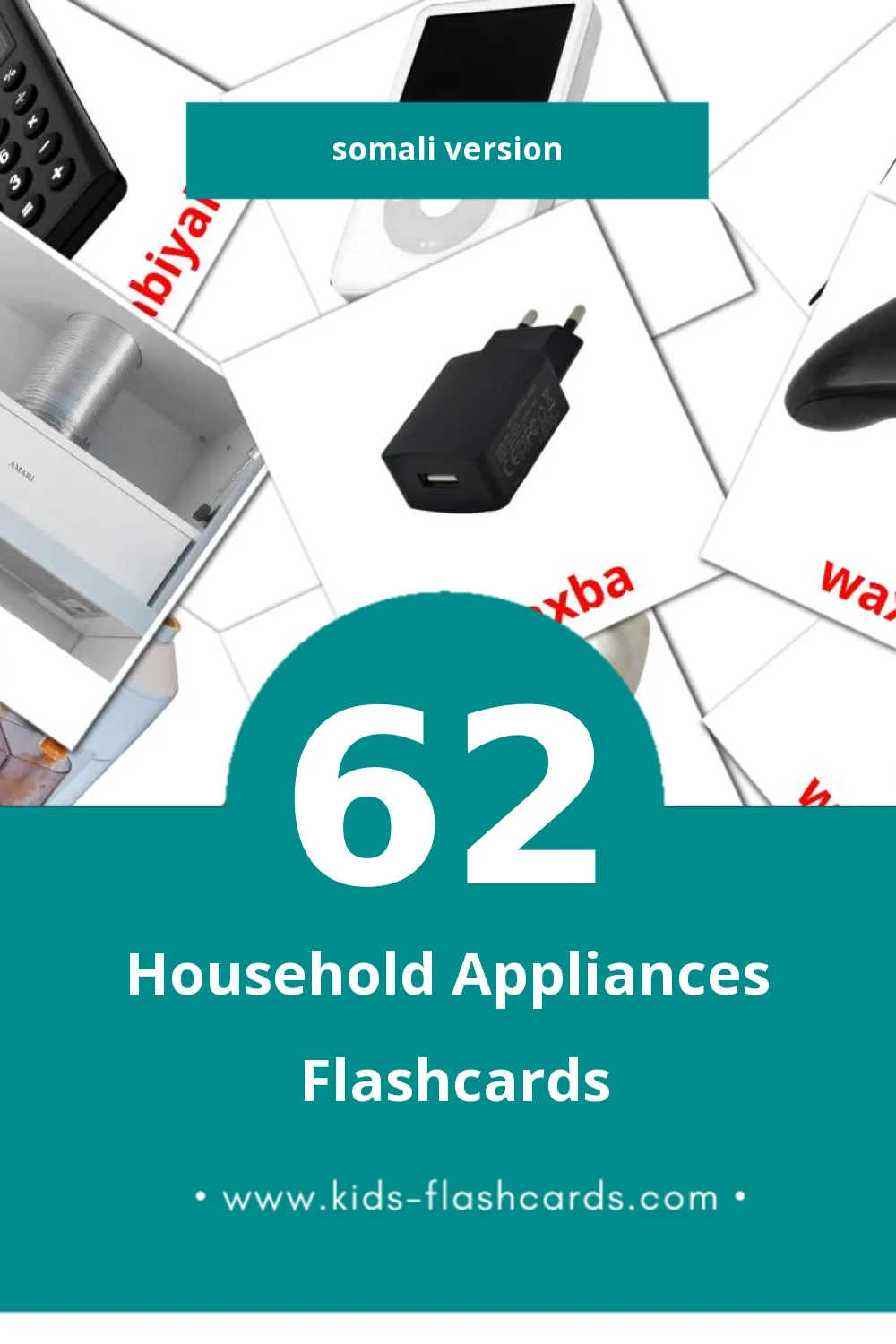 Visual Qalabka guriga Flashcards for Toddlers (62 cards in Somali)