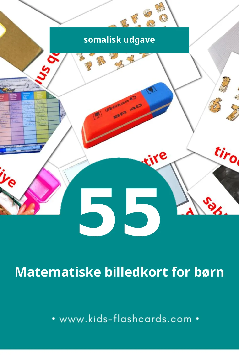Visuelle billedkort for børn om Iskuul til småbørn (55 kort på Somalisk)