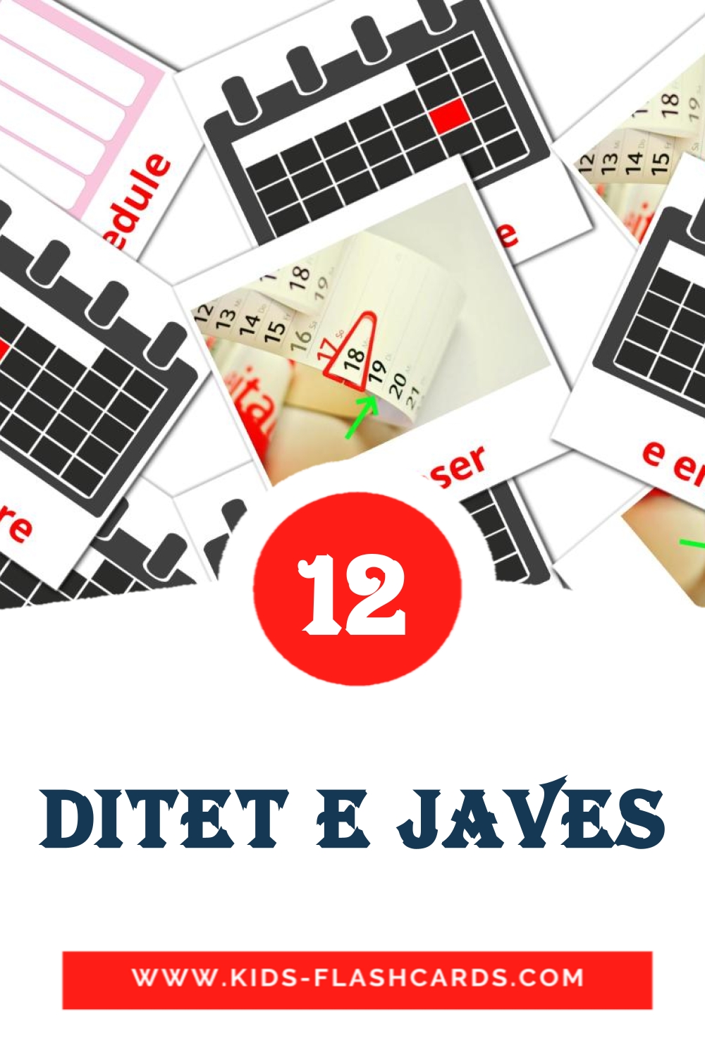 12 cartes illustrées de Ditet e javes pour la maternelle en albanais