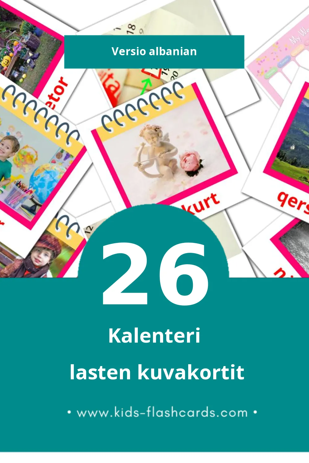 Kalendar lasten kuvakortit pikkulapsille (26 korttia Albanianksi)