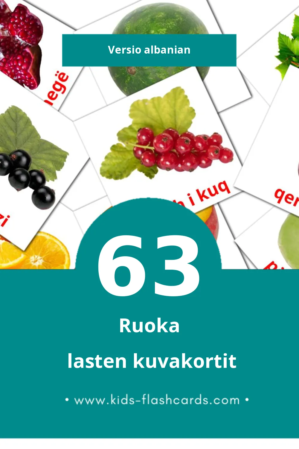 Ushqim lasten kuvakortit pikkulapsille (63 korttia Albanianksi)