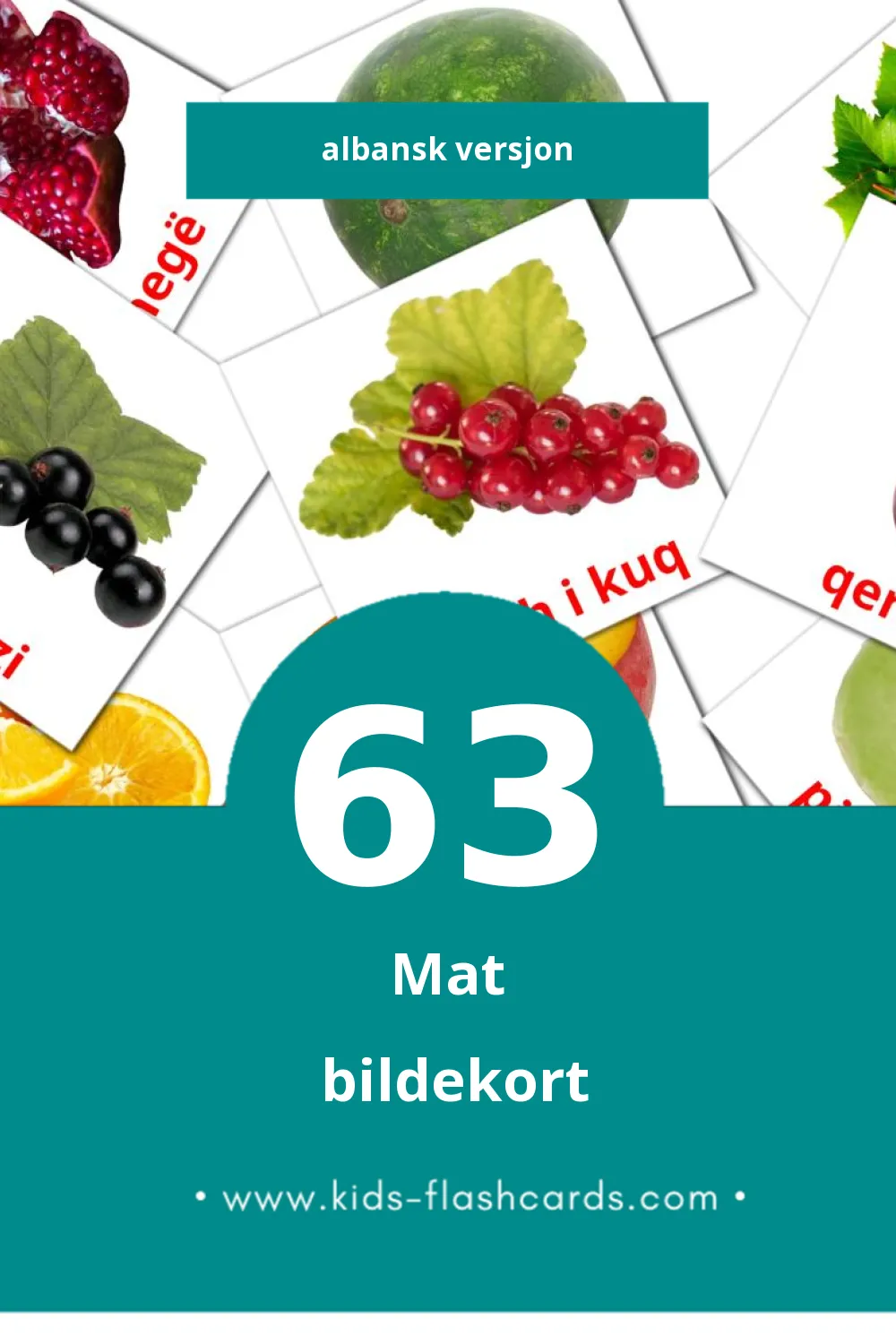 Visuelle Ushqim bildekort for småbarn (63 kort på Albansk)