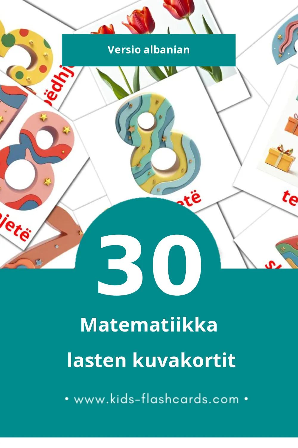 Matematik lasten kuvakortit pikkulapsille (30 korttia Albanianksi)