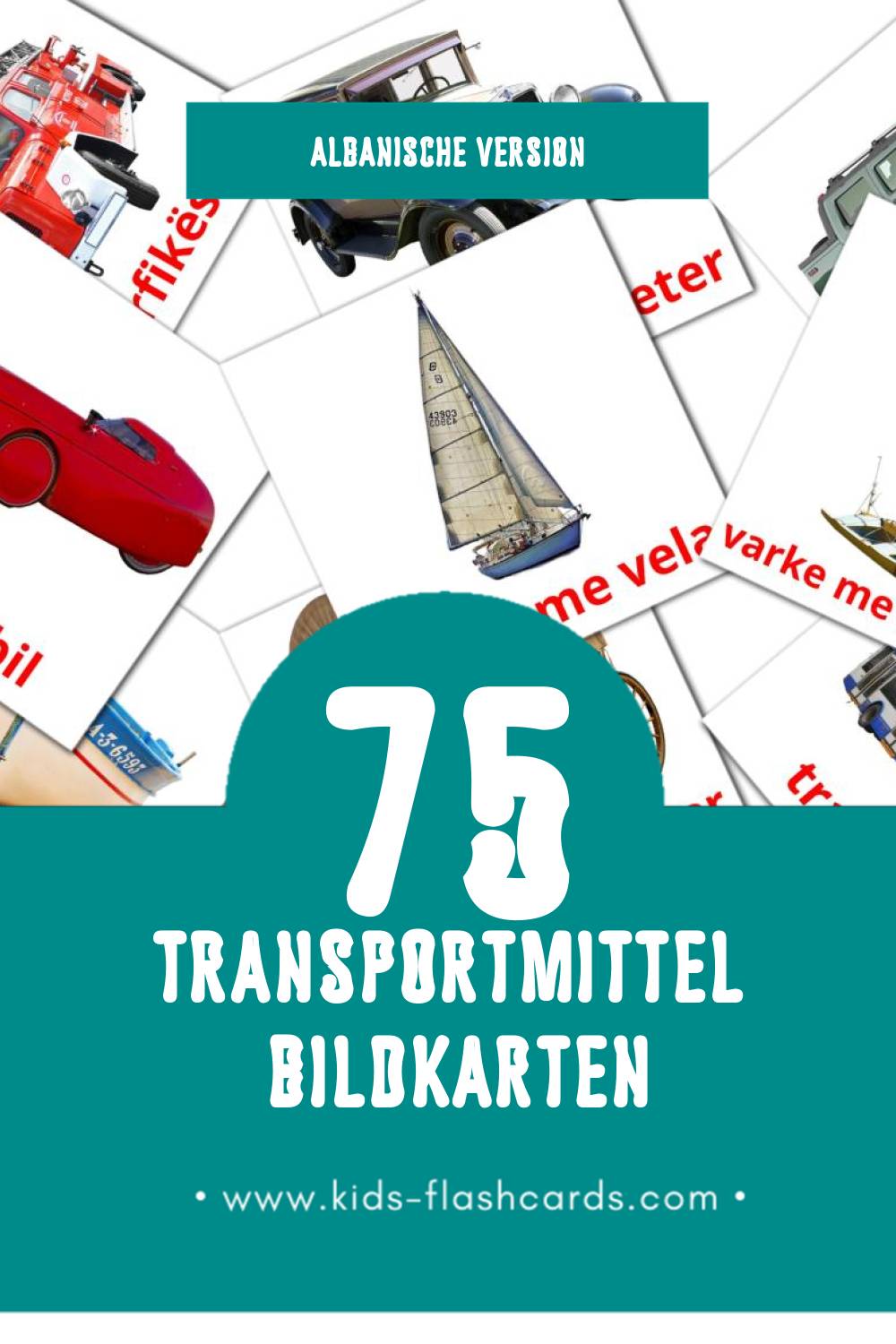 Visual Transporti Flashcards für Kleinkinder (75 Karten in Albanisch)