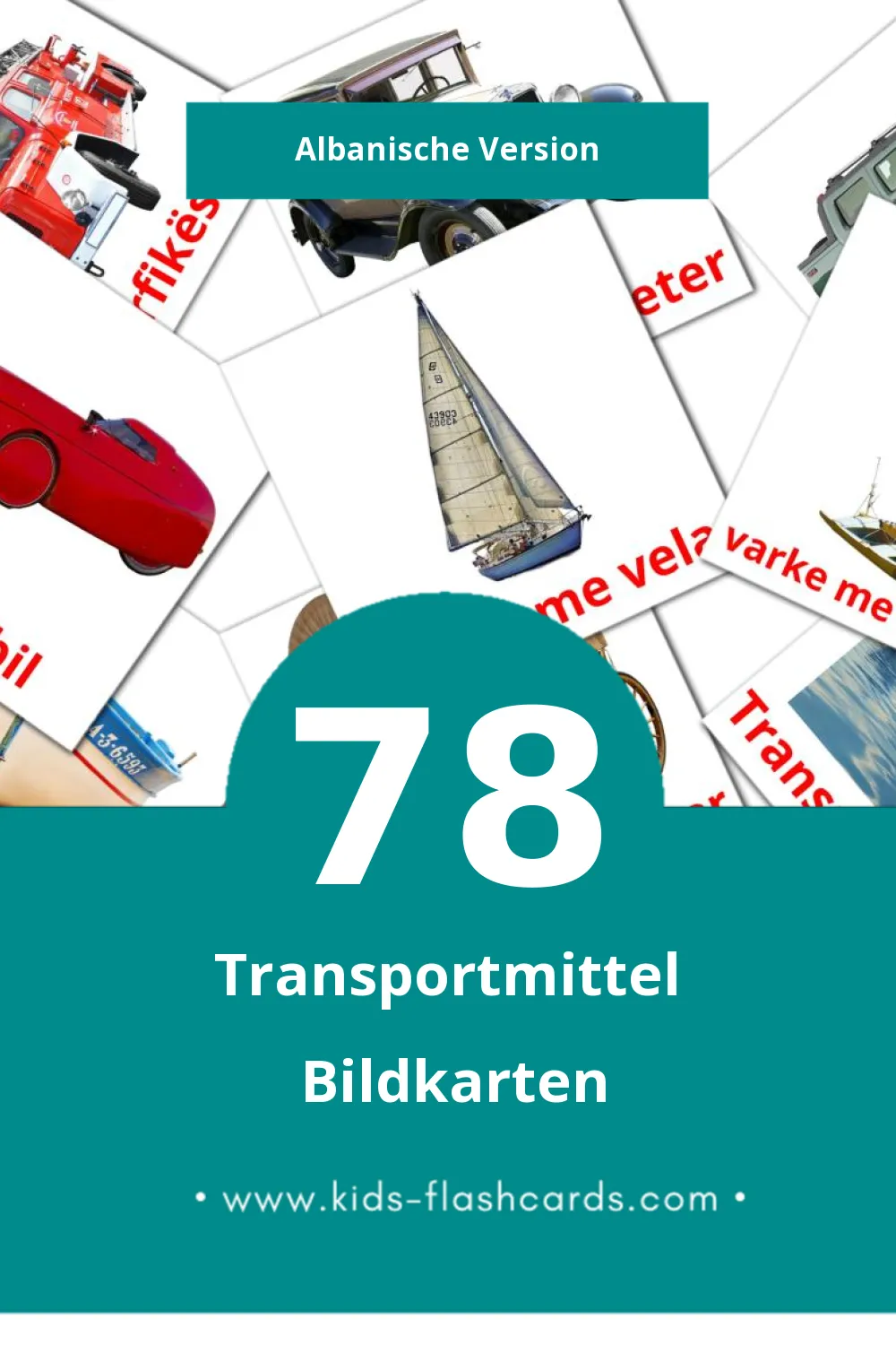 Visual Transporti Flashcards für Kleinkinder (78 Karten in Albanisch)