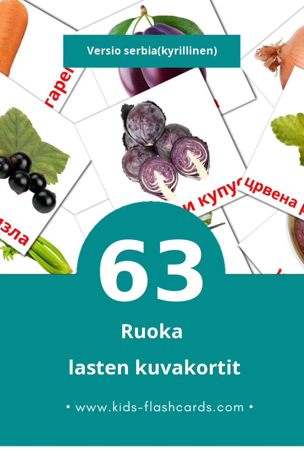Храна lasten kuvakortit pikkulapsille (63 korttia Serbiaksi(kyrillinen))