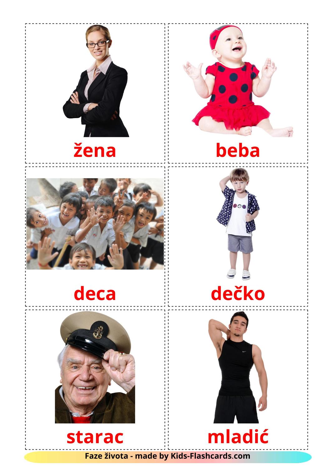 Les Âges de la Vie - 12 Flashcards serbe imprimables gratuitement