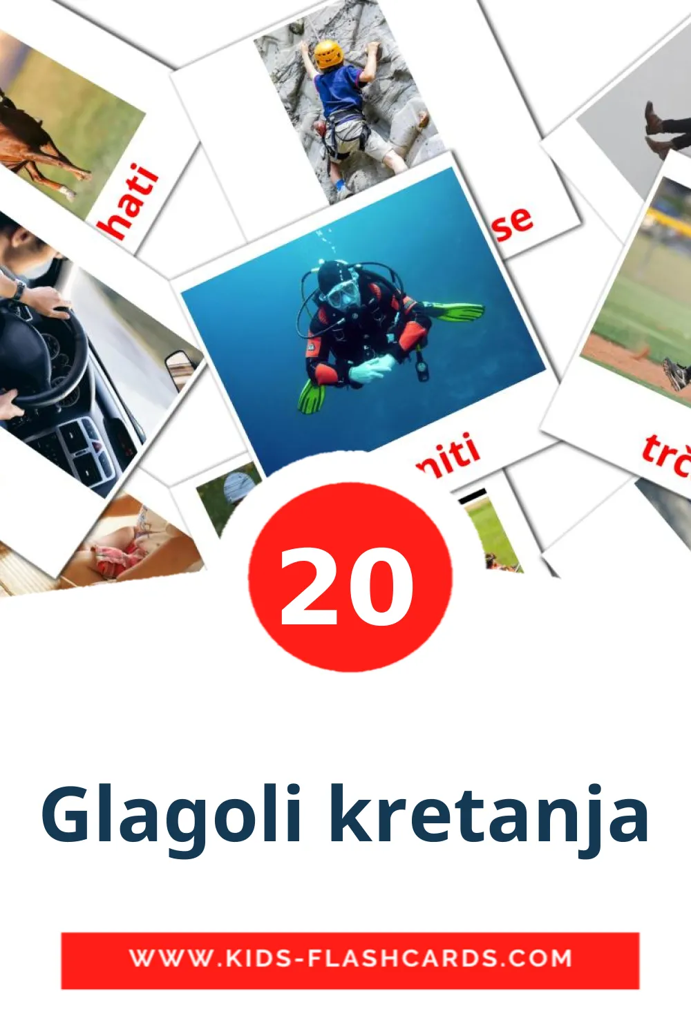 20 cartes illustrées de Glagoli kretanja pour la maternelle en serbe