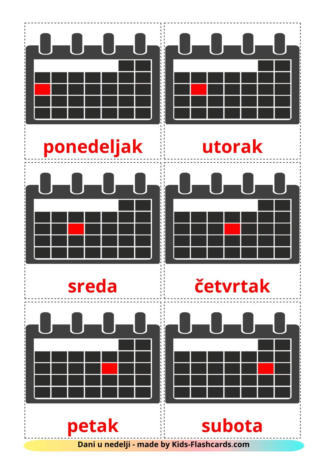 Les Jours de la Semaine - 12 Flashcards serbe imprimables gratuitement