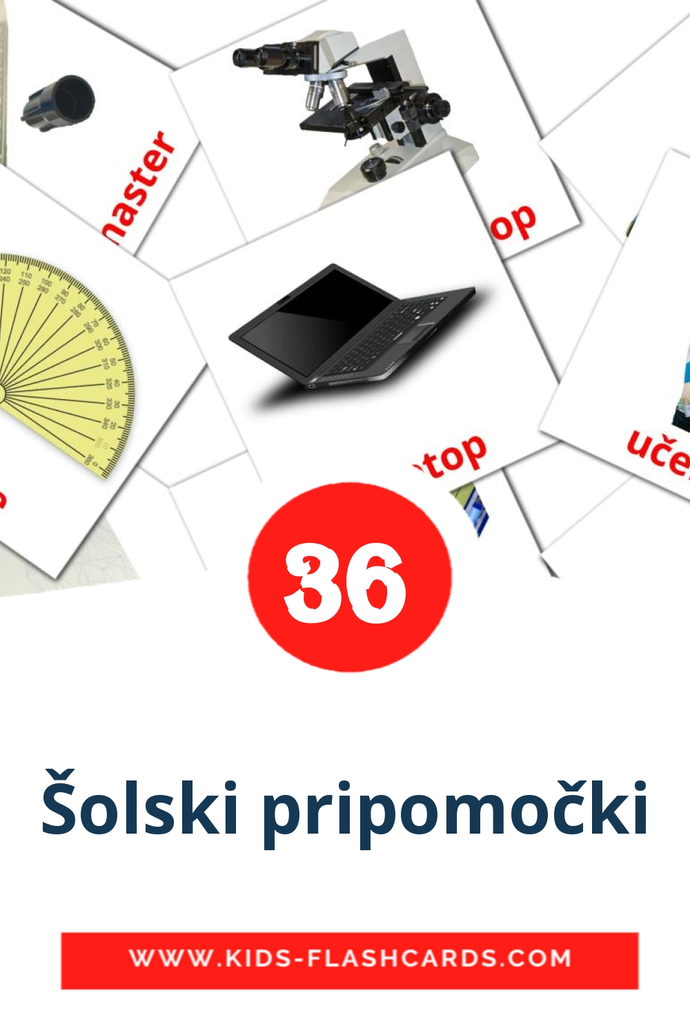 36 tarjetas didacticas de Šolski pripomočki para el jardín de infancia en serbio