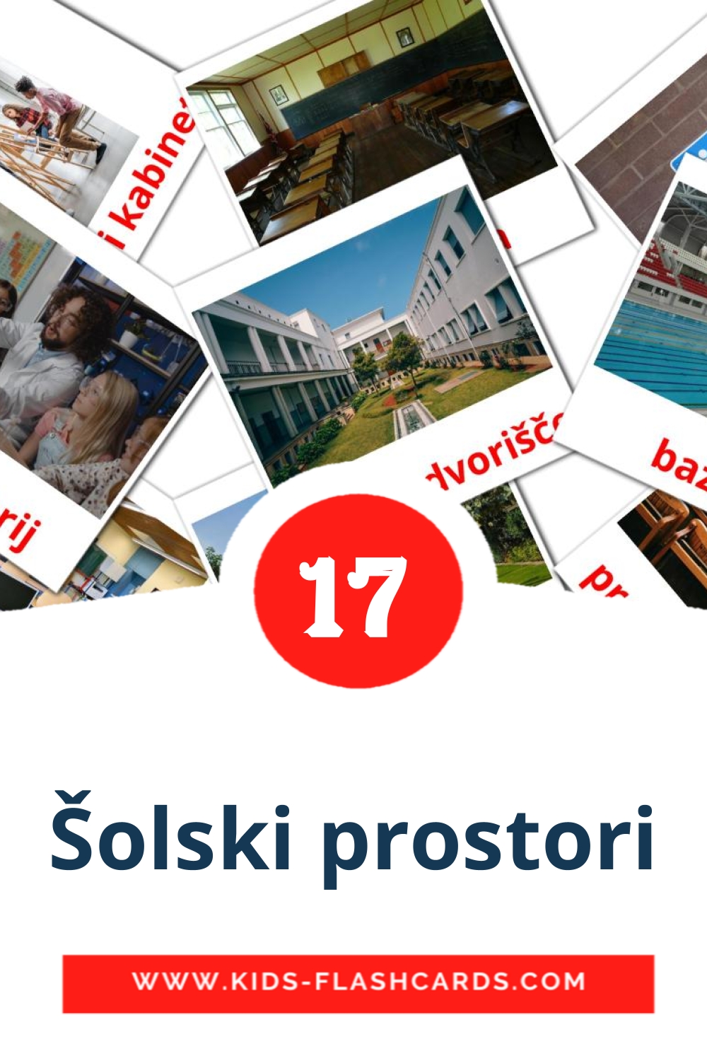 17 cartes illustrées de Šolski prostori pour la maternelle en serbe