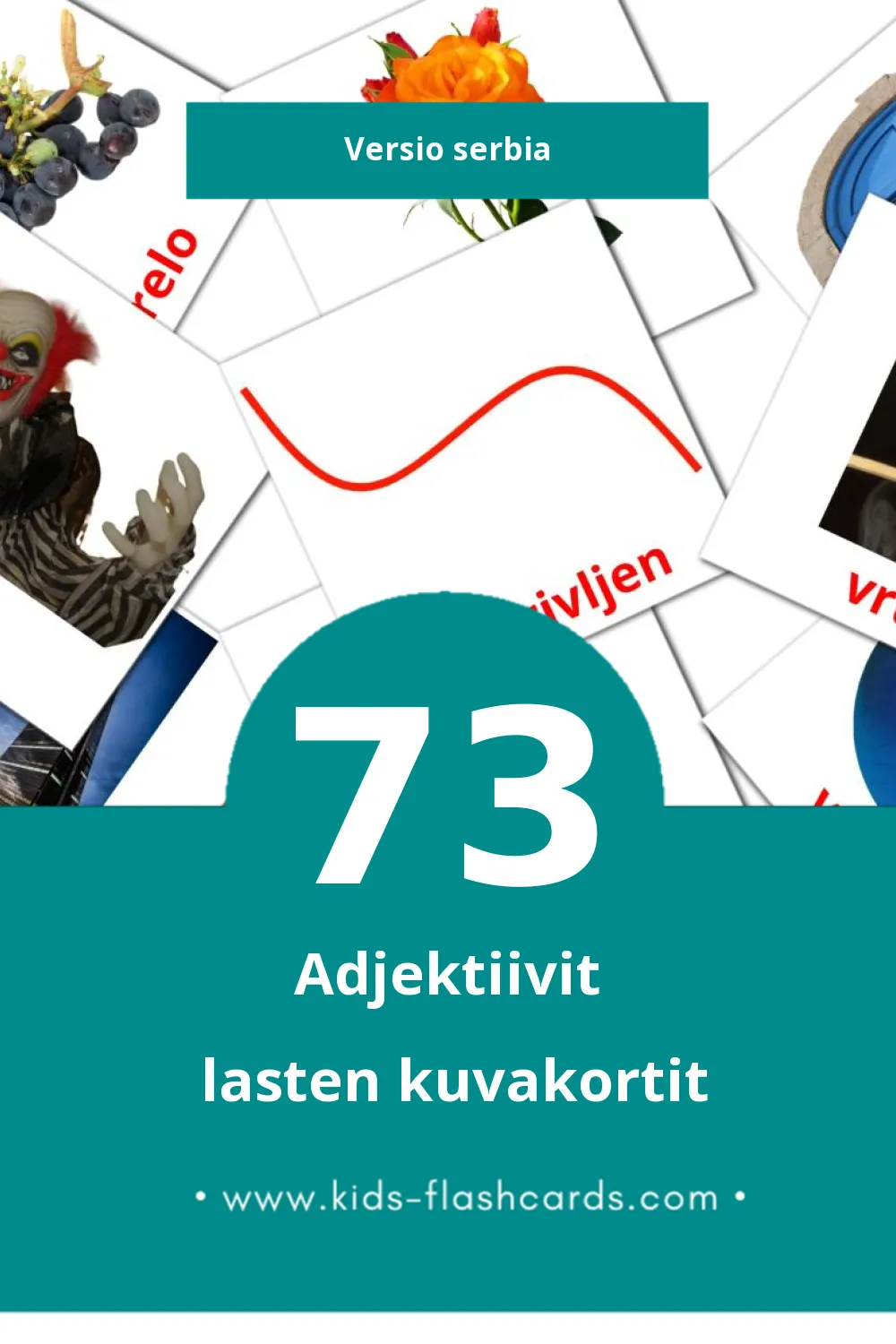 Pridevi lasten kuvakortit pikkulapsille (73 korttia Serbiaksi)