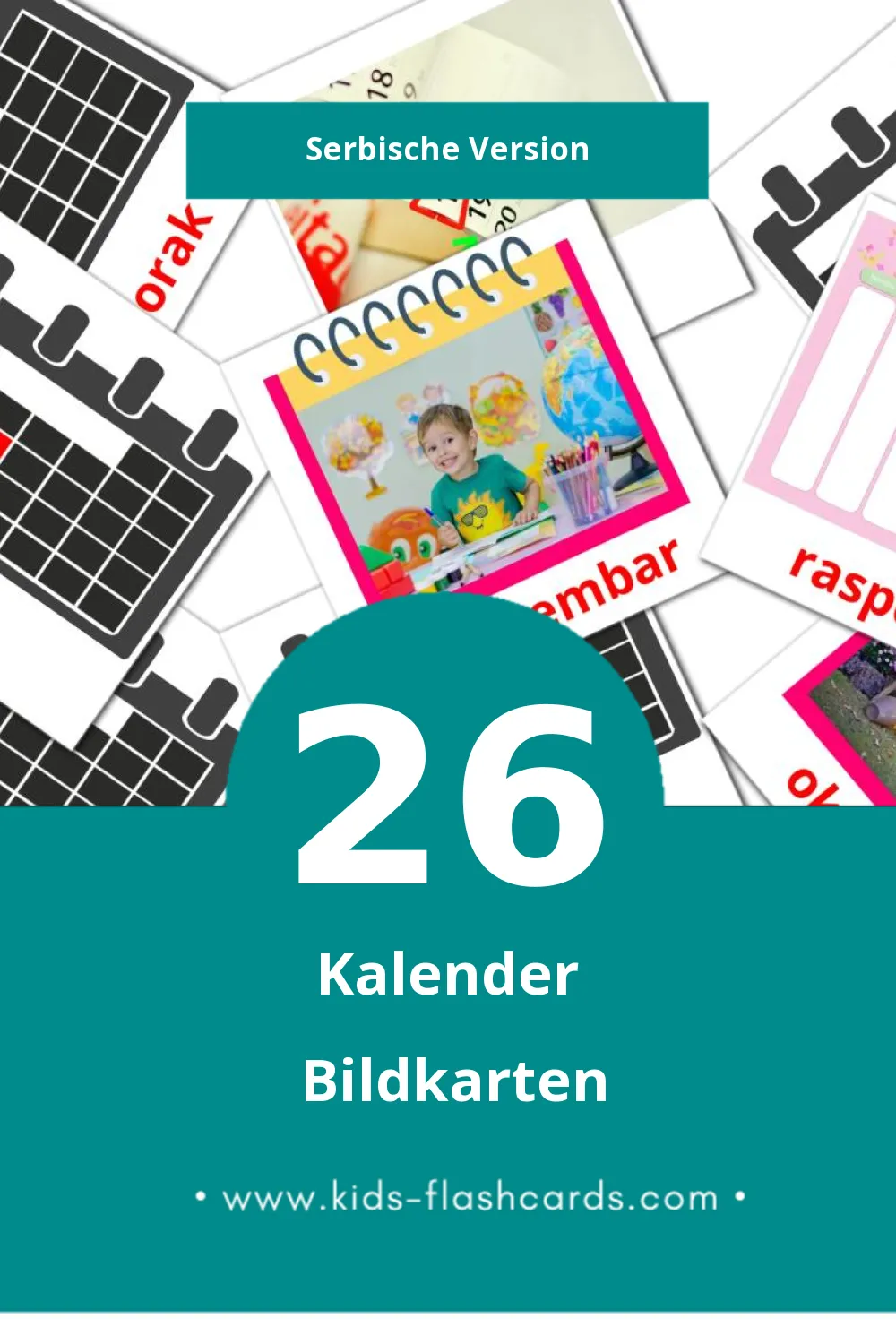 Visual Kalendar Flashcards für Kleinkinder (26 Karten in Serbisch)