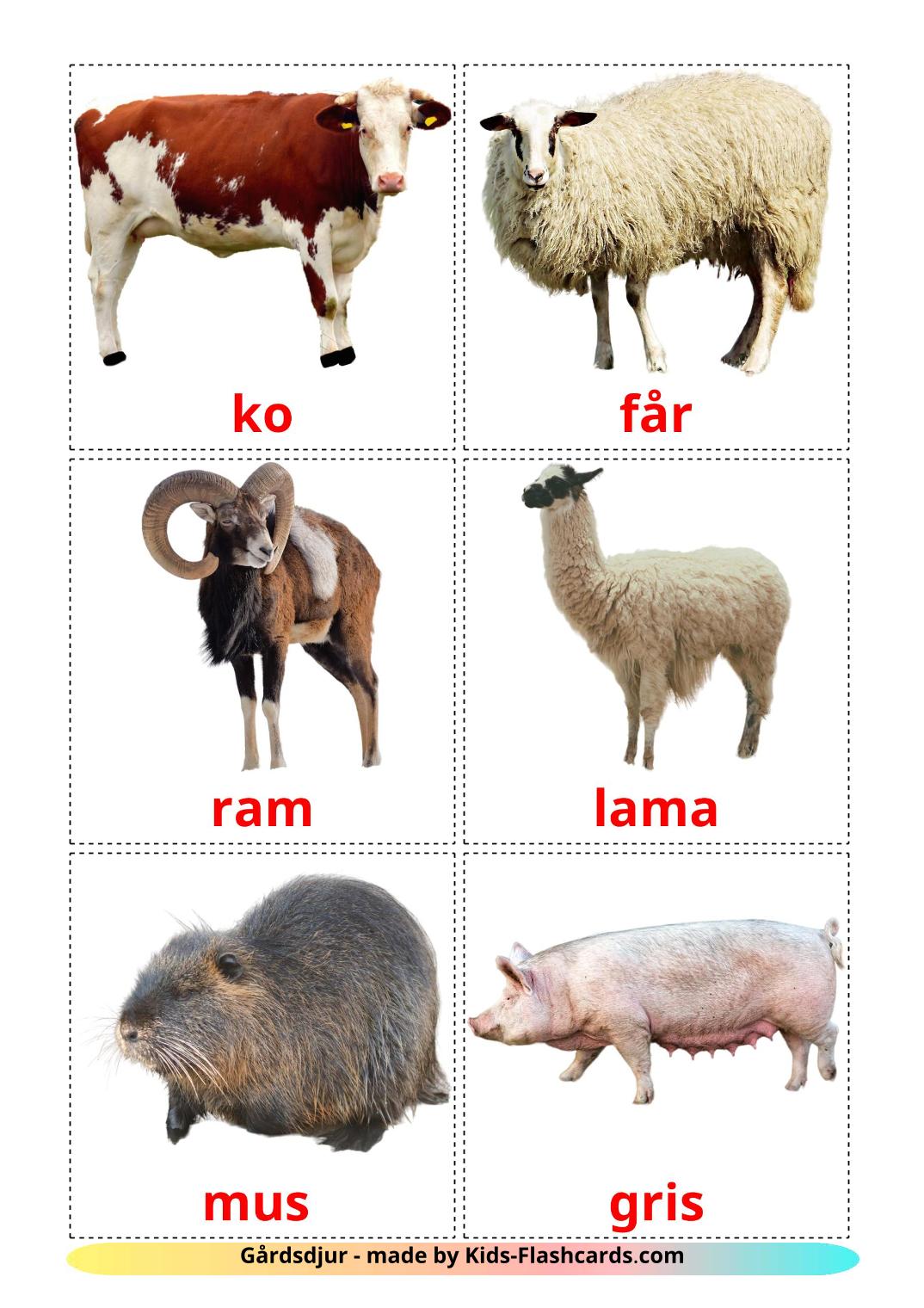 Farm animals - 15 Free Printable swedish Flashcards 