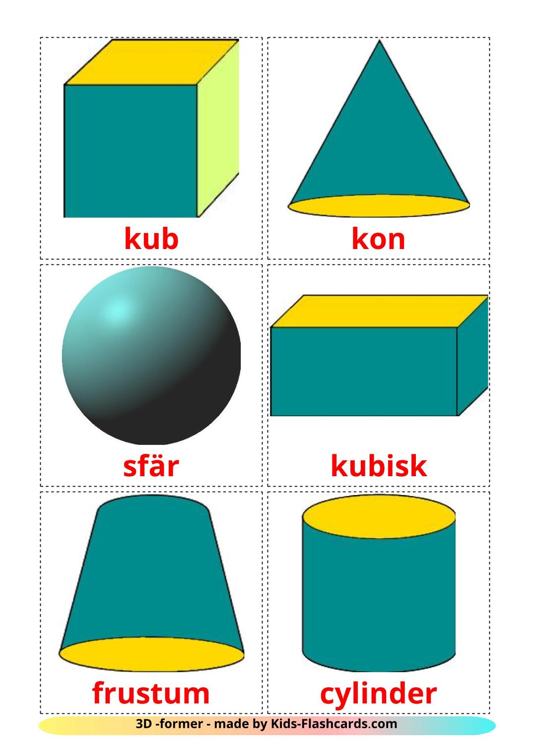 Géométrie en 3 Dimensions - 17 Flashcards suédois imprimables gratuitement