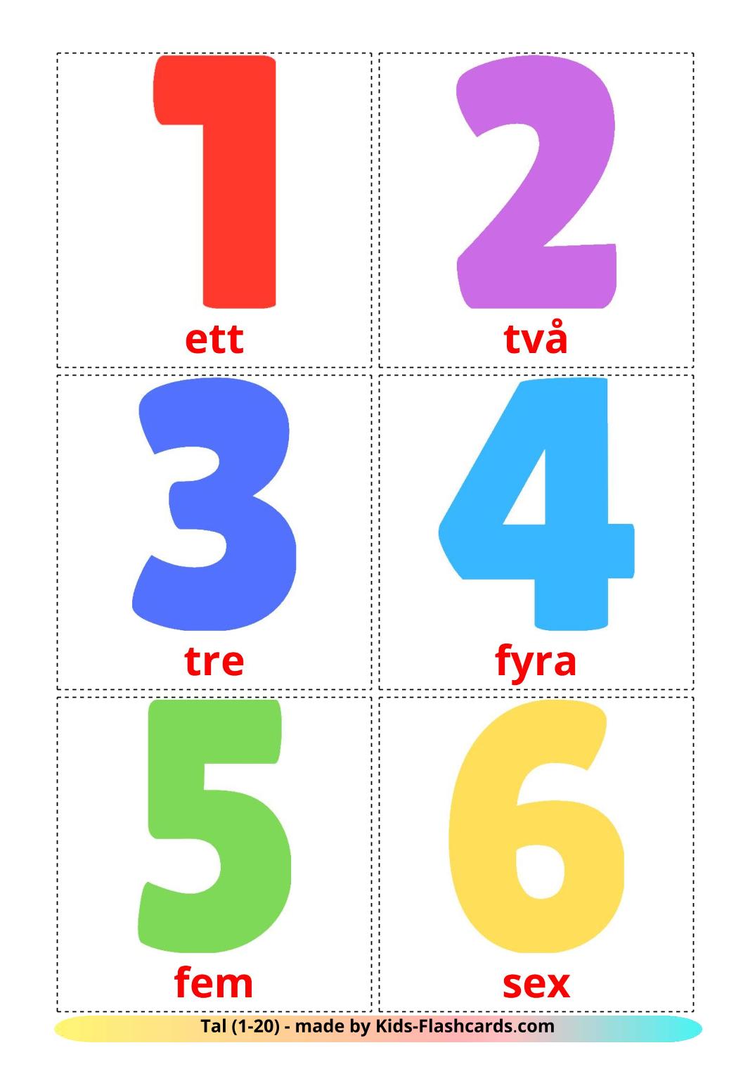 Números (1-20) - 20 Flashcards suecoes gratuitos para impressão