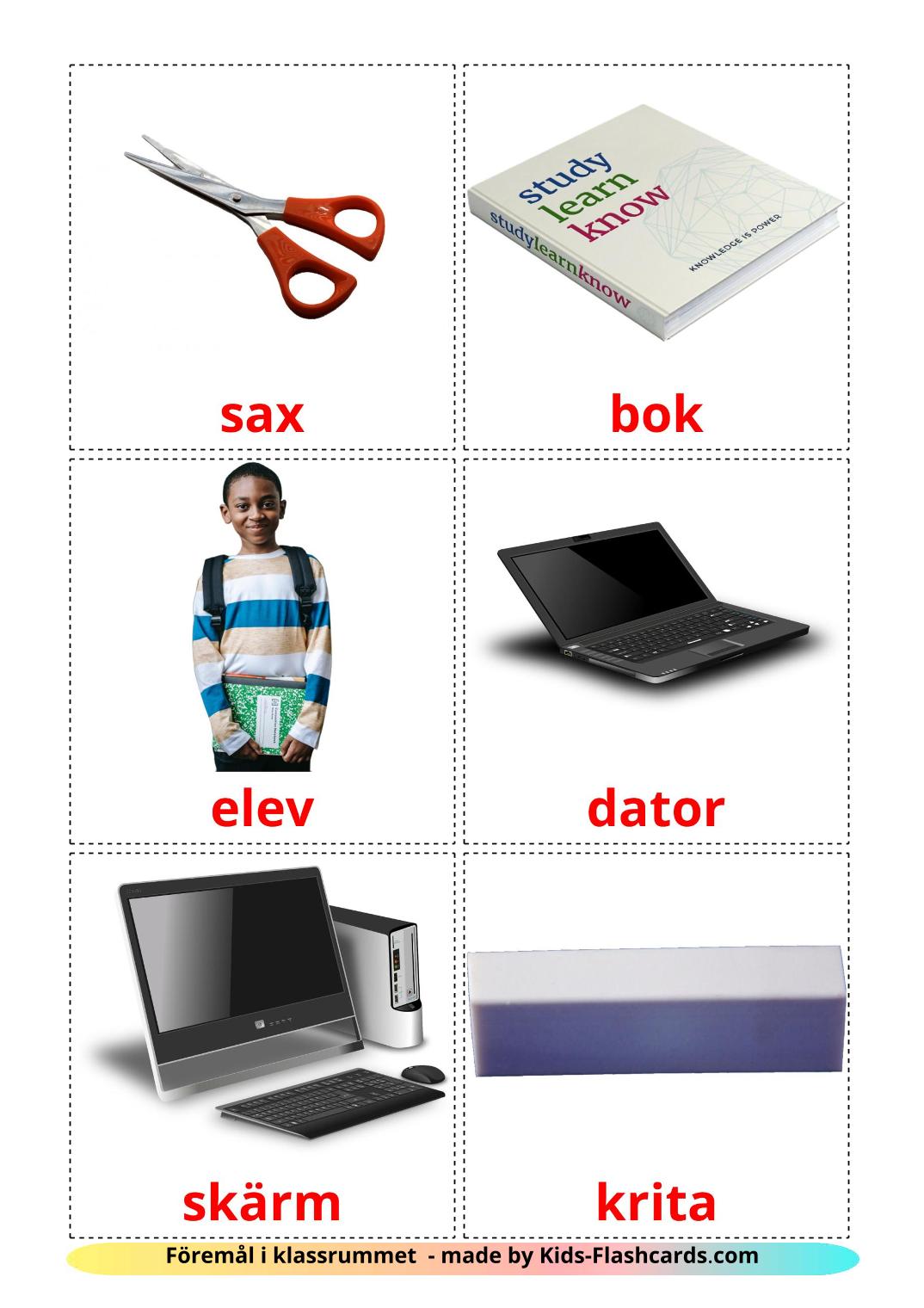Classroom objects - 36 Free Printable swedish Flashcards 