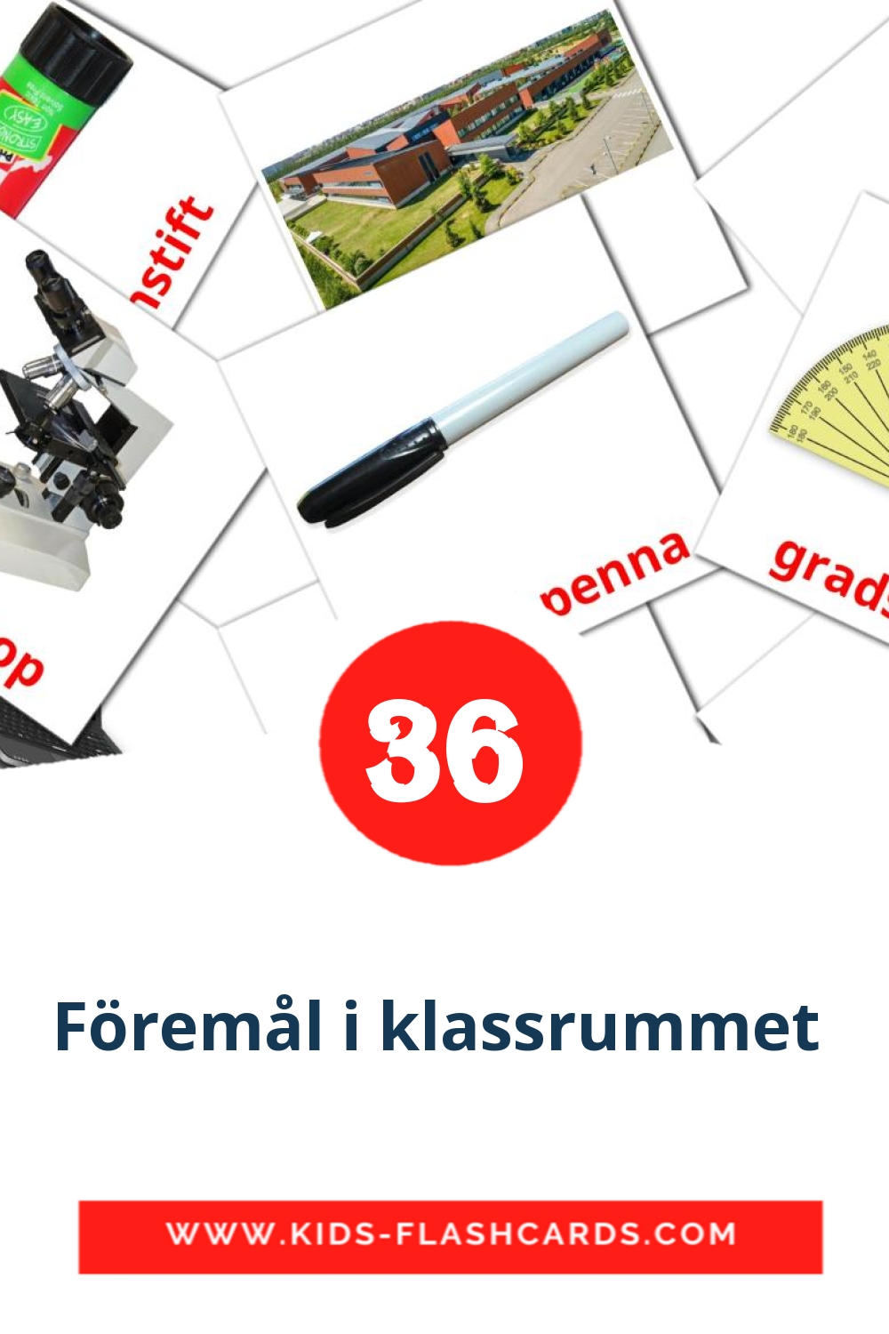 36 carte illustrate di Föremål i klassrummet  per la scuola materna in svedese