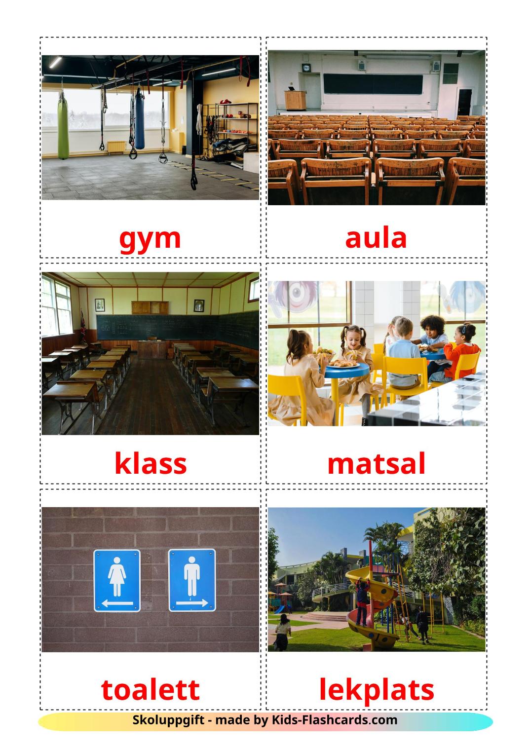 Bâtiment scolaire - 17 Flashcards suédois imprimables gratuitement