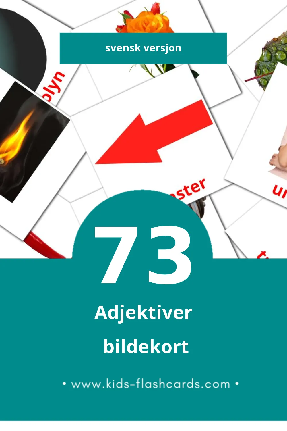 Visuelle Adjektiv bildekort for småbarn (73 kort på Svensk)