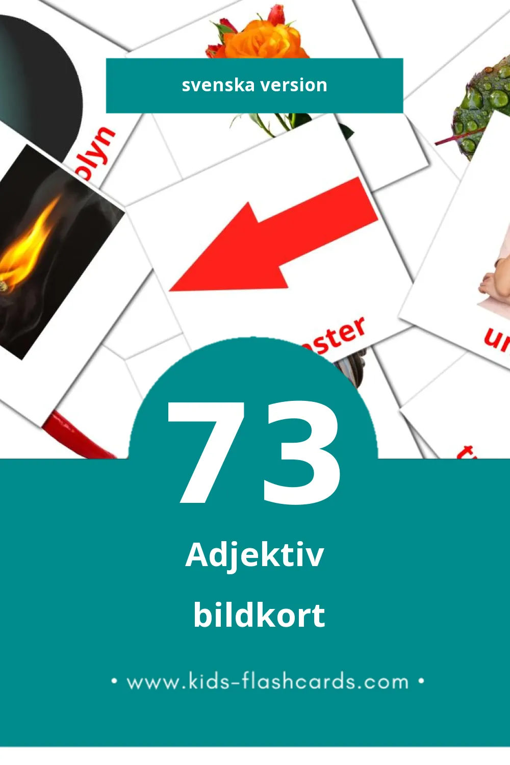 Visuelle Adjektiv bildekort for småbarn (73 kort på Svenska)