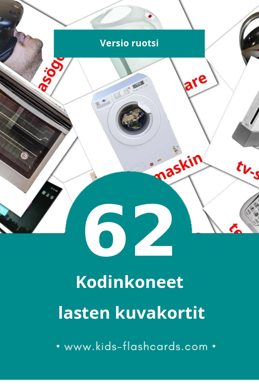 Hem- och hushållsapparater lasten kuvakortit pikkulapsille (62 korttia Ruotsiksi)