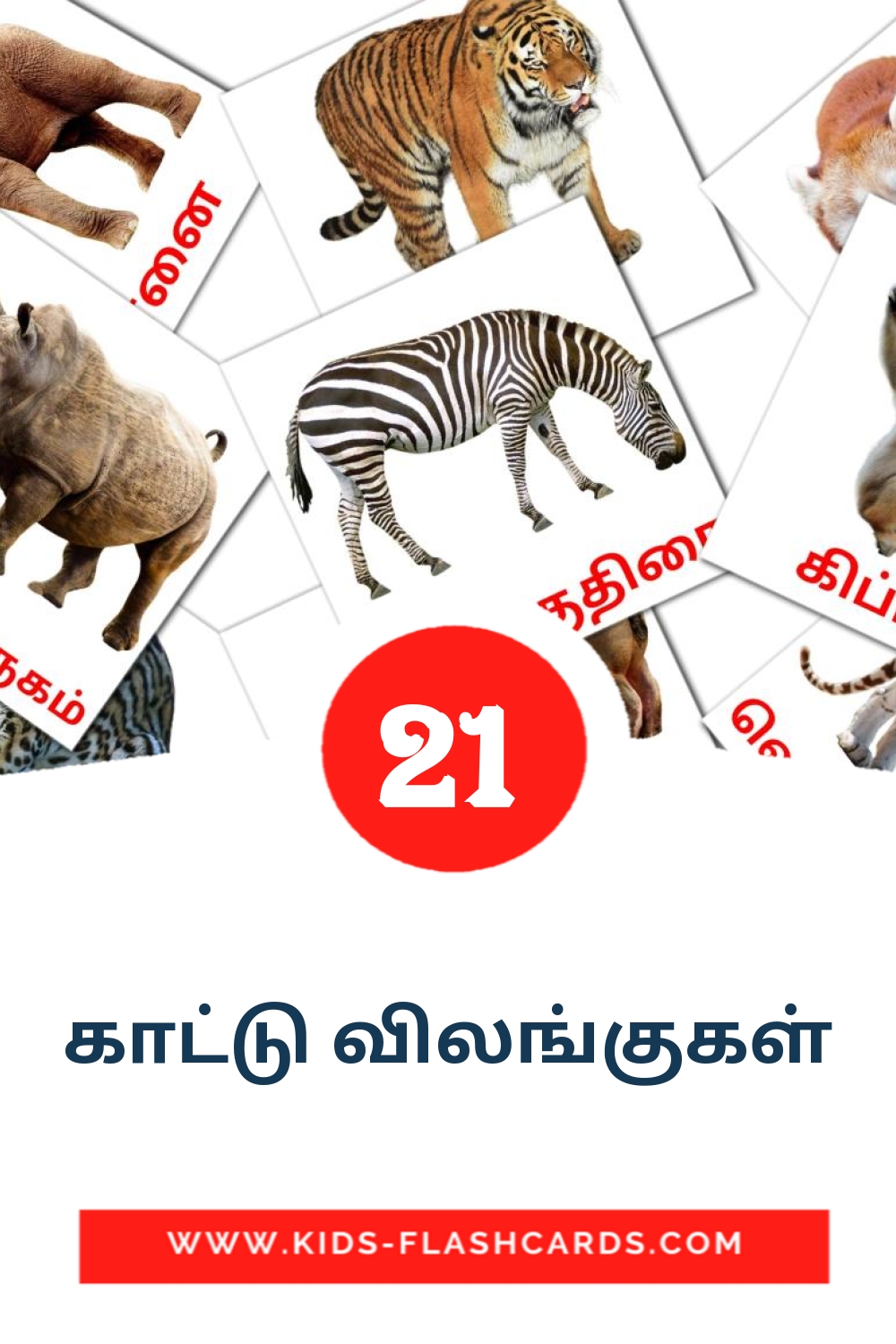 21 காட்டு விலங்குகள் Bildkarten für den Kindergarten auf Tamilisch