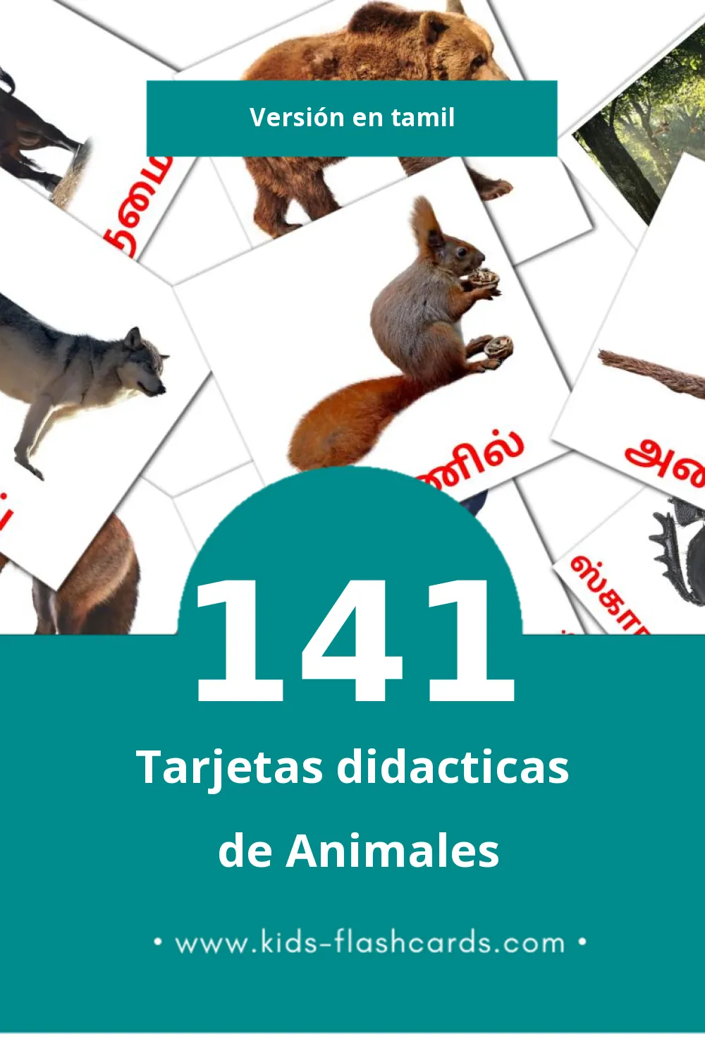 Tarjetas visuales de விலங்குகள் para niños pequeños (141 tarjetas en Tamil)