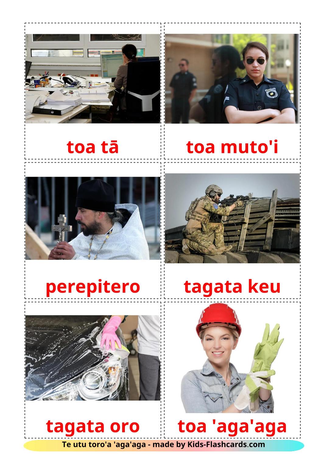 Työt ja ammatit – 48 ilmainen tulostettava lasten kuvakortti tahitianksi