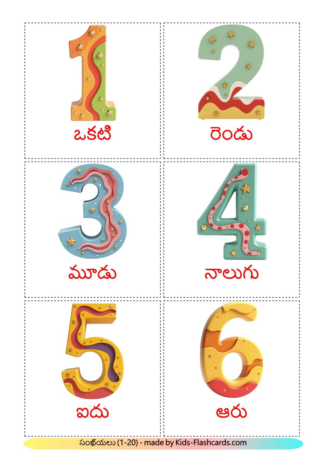 Numbers (1-20) - 20 Free Printable telugu Flashcards 