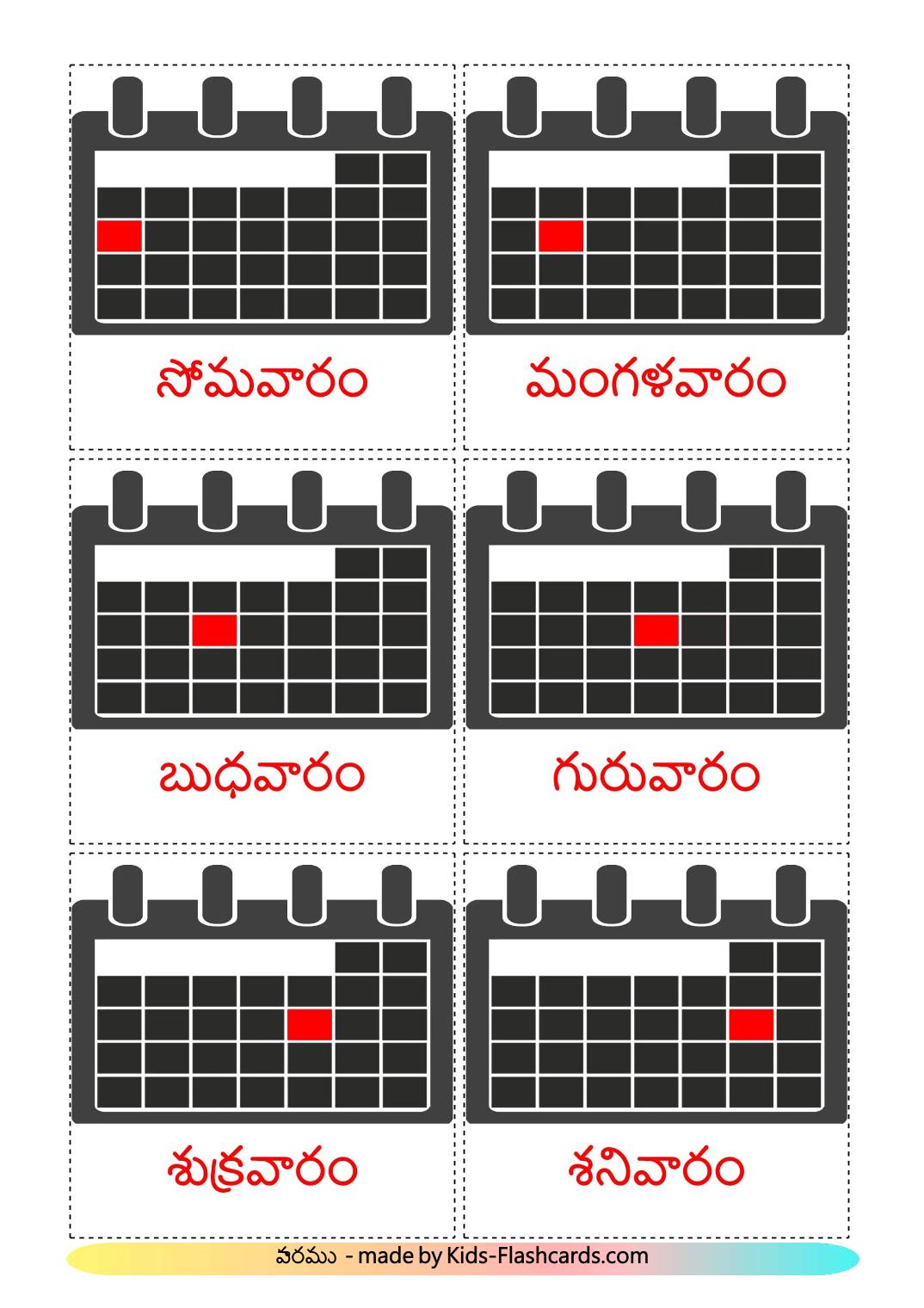 Days of Week - 13 Free Printable telugu Flashcards 