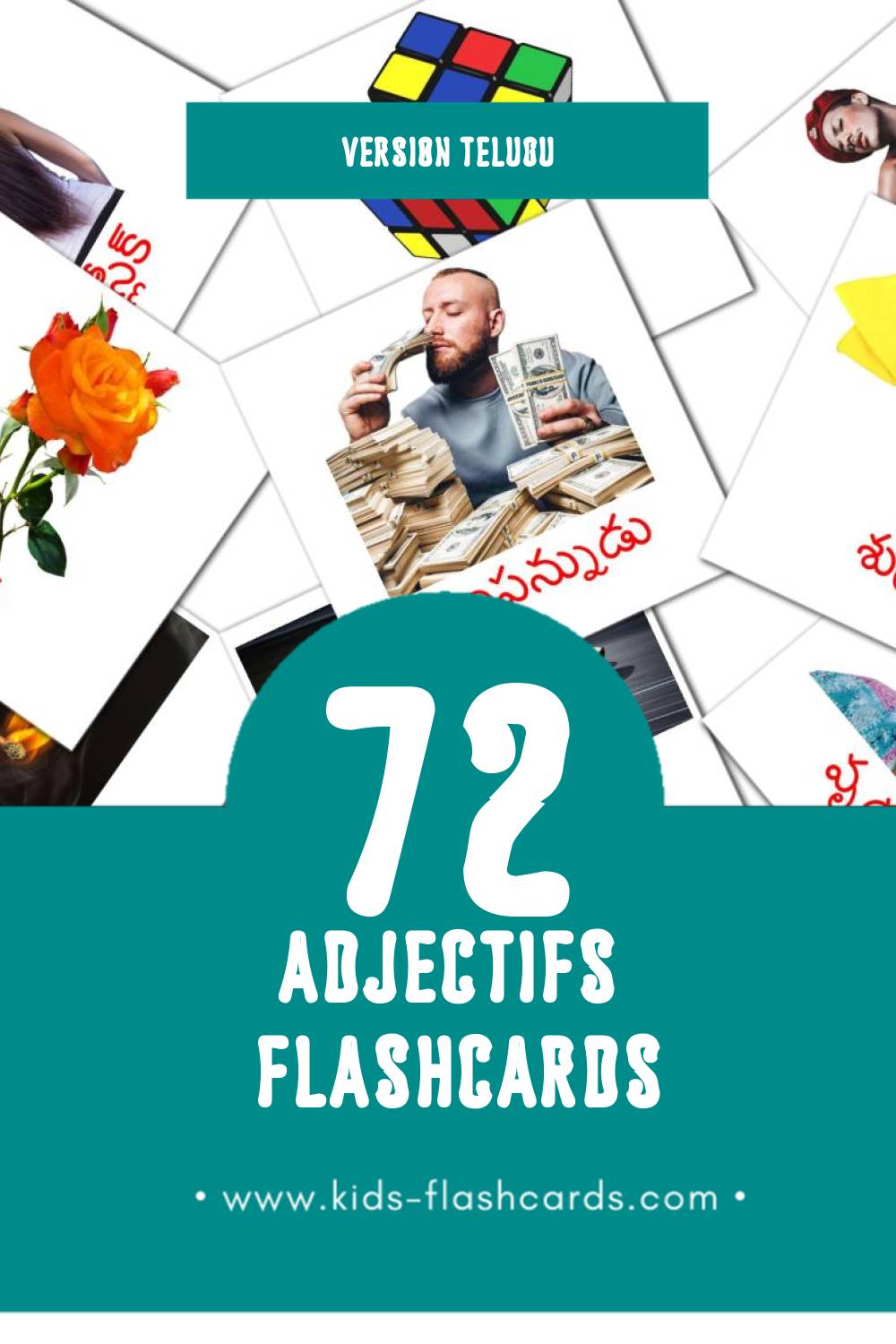 Flashcards Visual విశేషణాలు pour les tout-petits (72 cartes en Telugu)