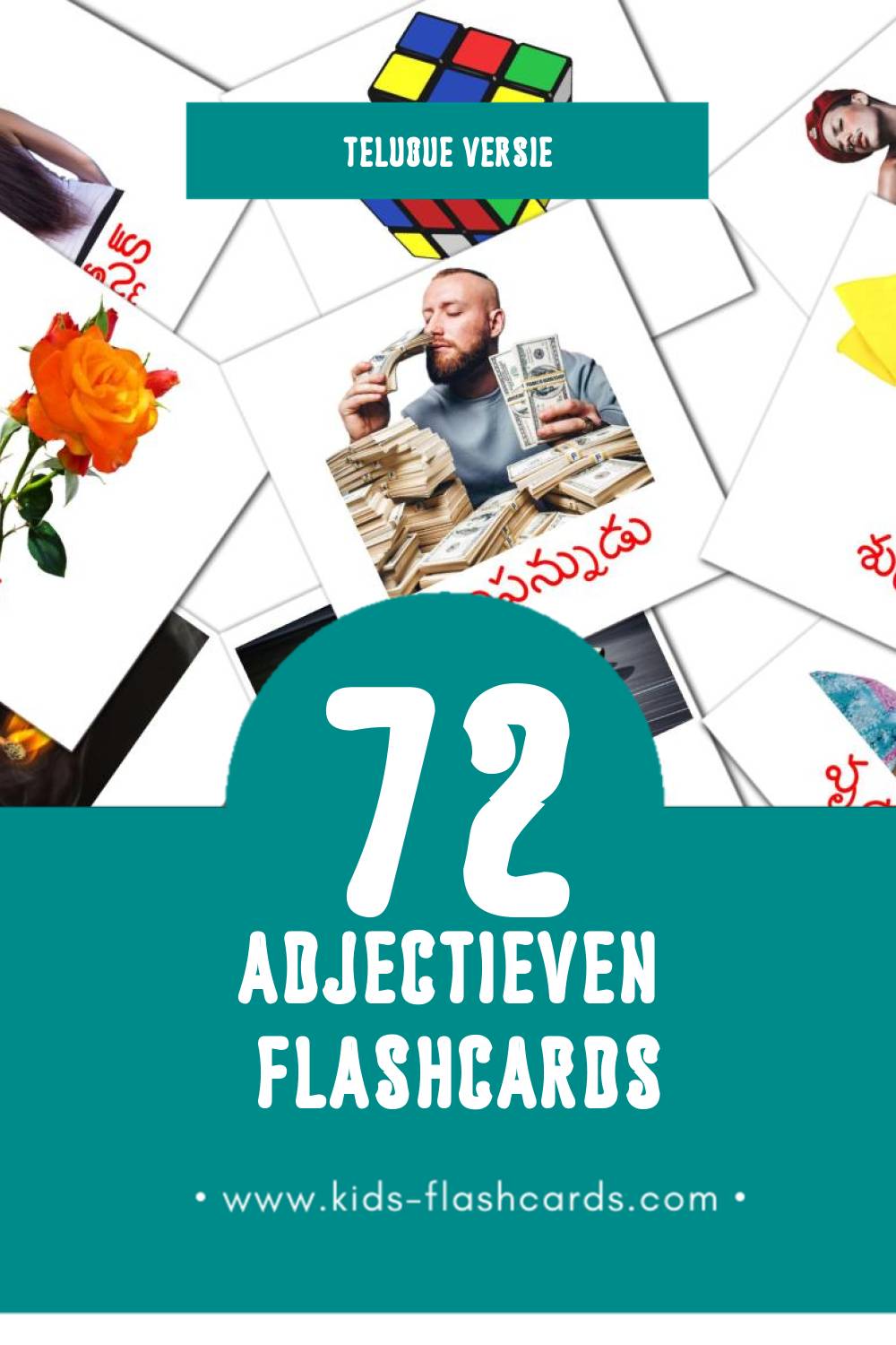 Visuele విశేషణాలు Flashcards voor Kleuters (72 kaarten in het Telugu)