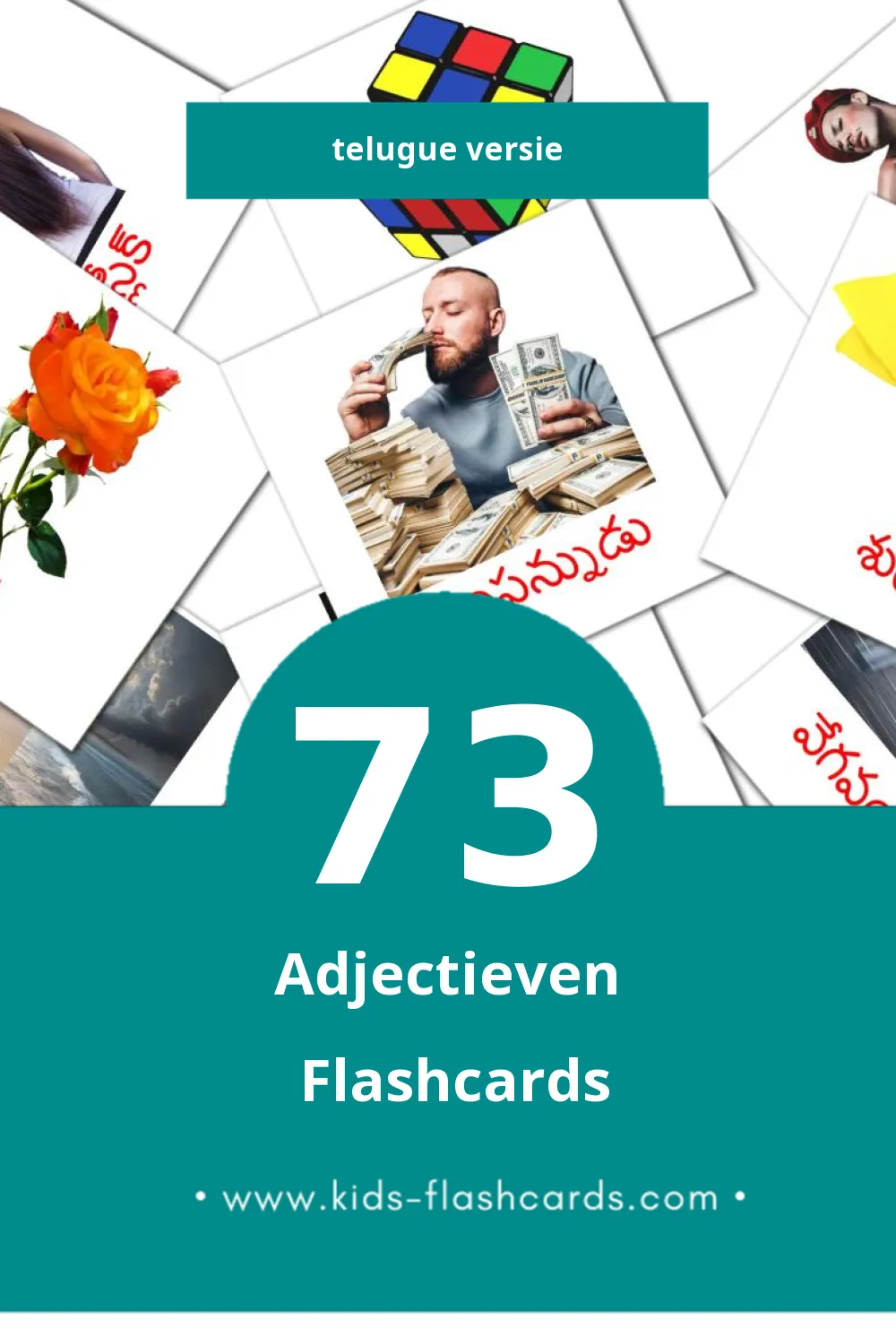 Visuele విశేషణాలు Flashcards voor Kleuters (73 kaarten in het Telugu)