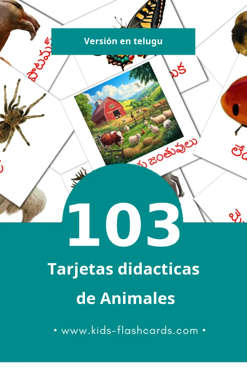 Tarjetas visuales de జంతువులు para niños pequeños (103 tarjetas en Telugu)