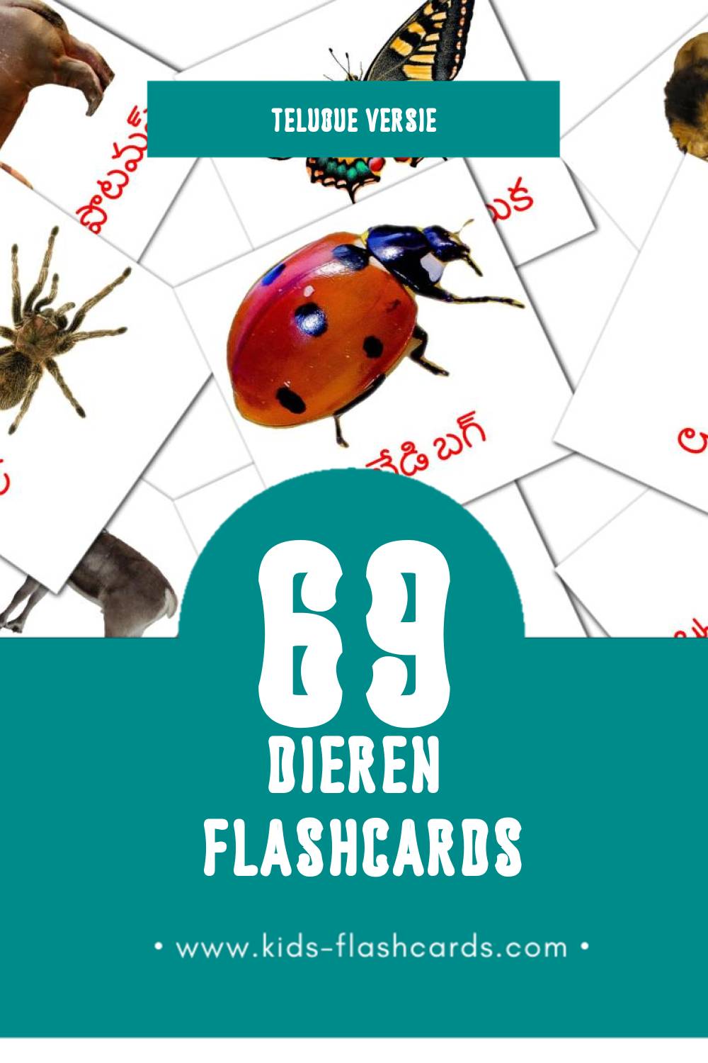 Visuele జంతువులు Flashcards voor Kleuters (69 kaarten in het Telugu)